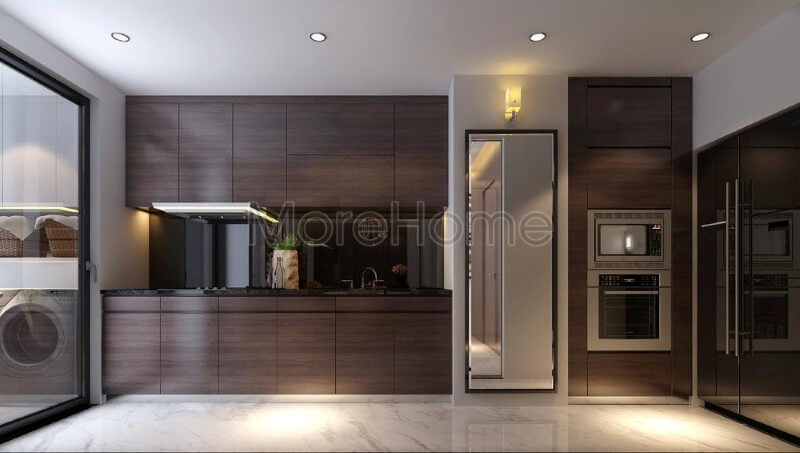 Hệ thống tủ bếp thiết kế đơn giản hóa, tối giản hóa mọi chi tiết trang trí mang lại sự linh hoạt mà vẫn mang tính tiện nghi cho người nội trợ tủ bếp chung cư