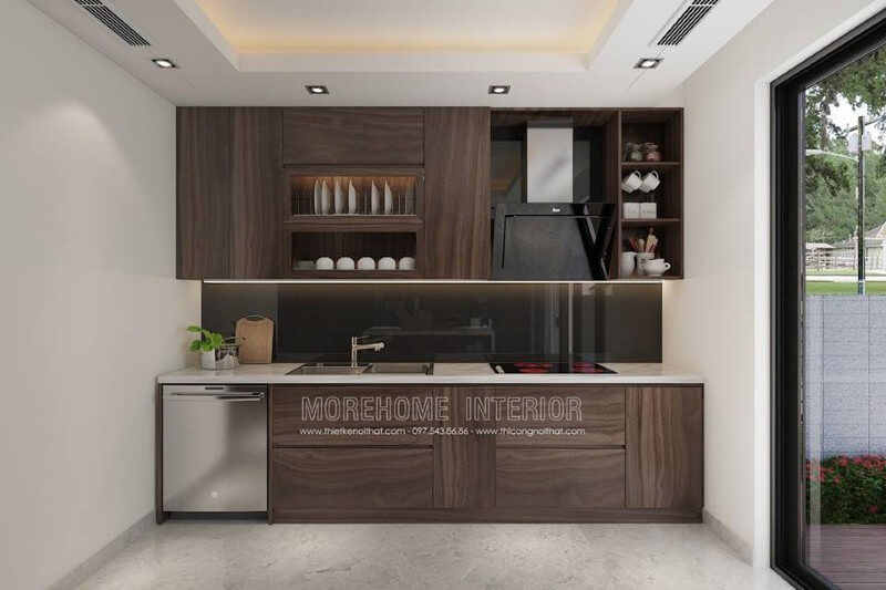 Tủ bếp có máy rửa bát được bố trí khá hợp lý để tạo nên không gian bếp đẹp, hiện đại, khoa học. tủ bếp chung cư